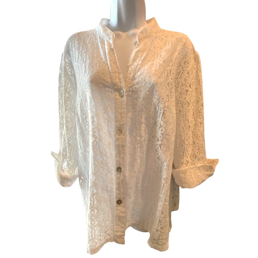 Ruby Rd. Button Down Semi Sheer White Lace Top Three Quarter Sleeves Size Large